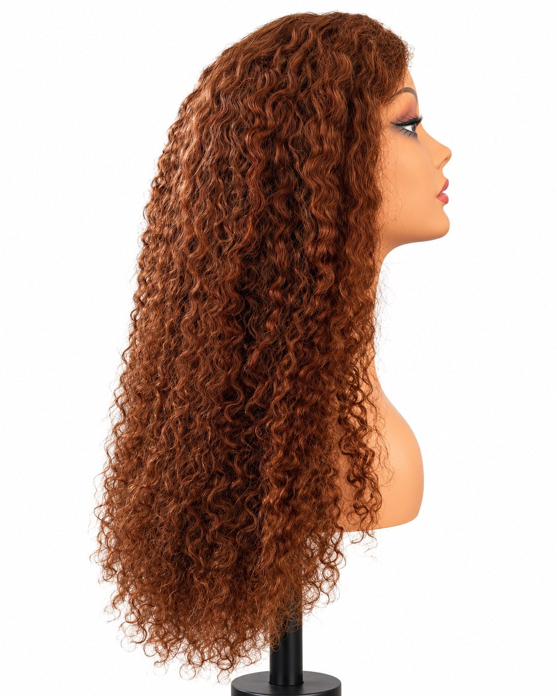 Jerry Curly Perücke Copper Brown, Seitenansicht auf Perückenkopf