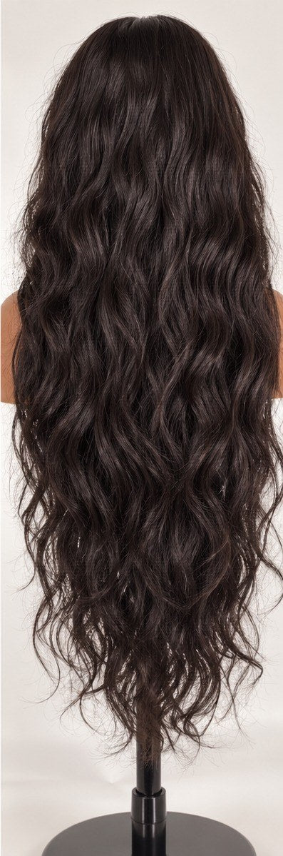 Natural Wavy Perücke auf Perückenkopf, Rückansicht