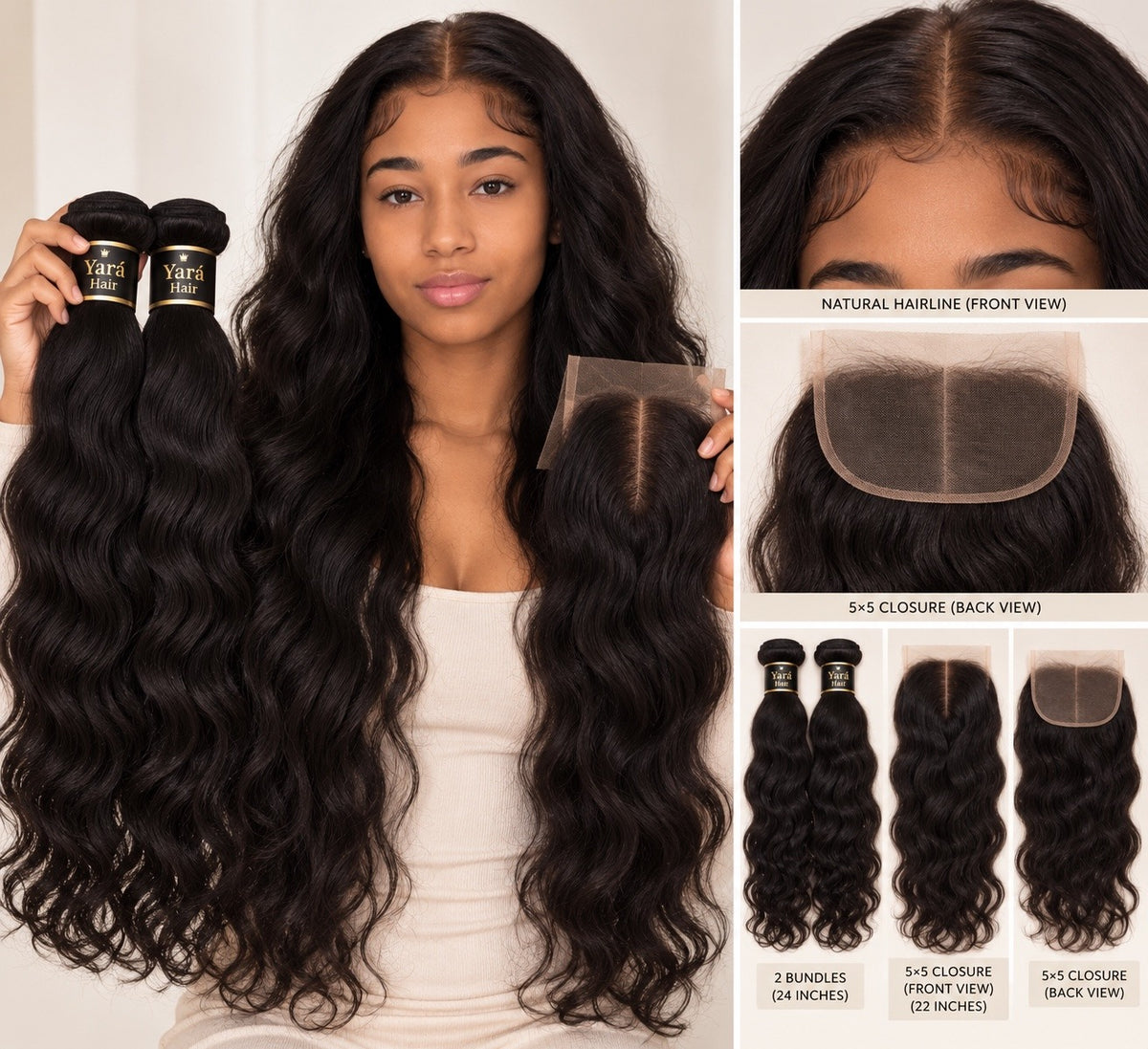 Yará Natural Wavy Bundles mit 5x5 Closure, Model und Detailansichten